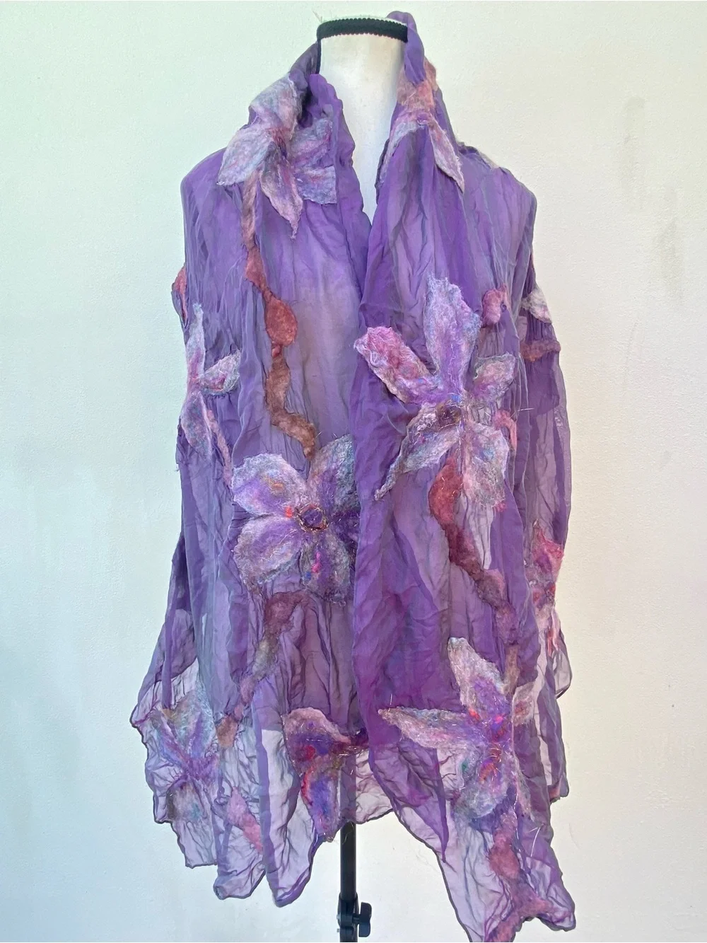 Fairy 100% Silk Iridescent Purple & Embroidered Felt Floral Scarf Shawl